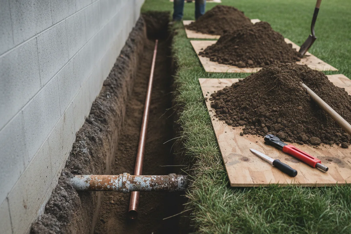 Excavated water line trench during Water Softener Installation in China Grove